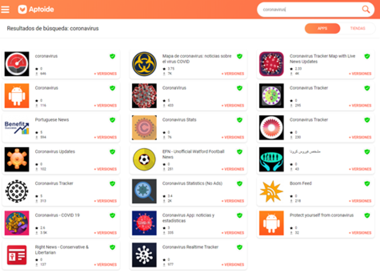 Apps found in APTOIDE, an alternative market using the term: “coronavirus”