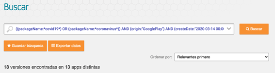 “Dorking" to search using Tacyt apps in Google Play related to COVID-19 published since the beginning of the alarm state