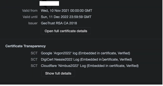 Chrome showing the three logs where the SCT is valid. Always a Google one... until now.