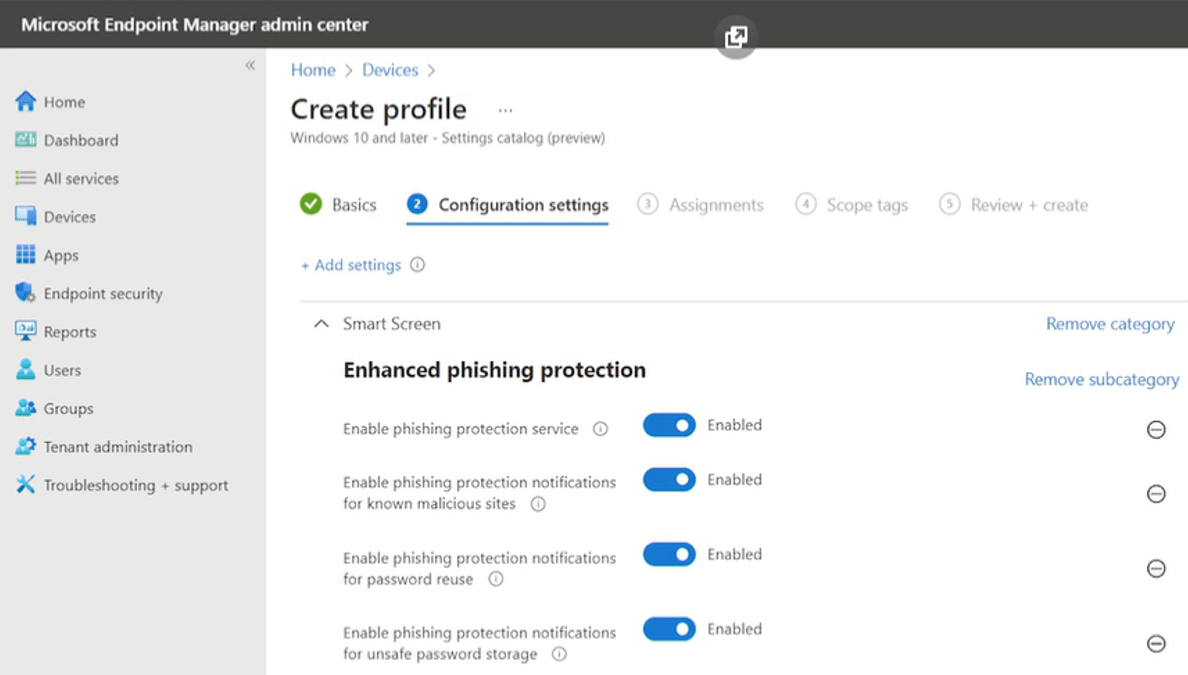 Screenshot Windows 11 phishing protection (options)