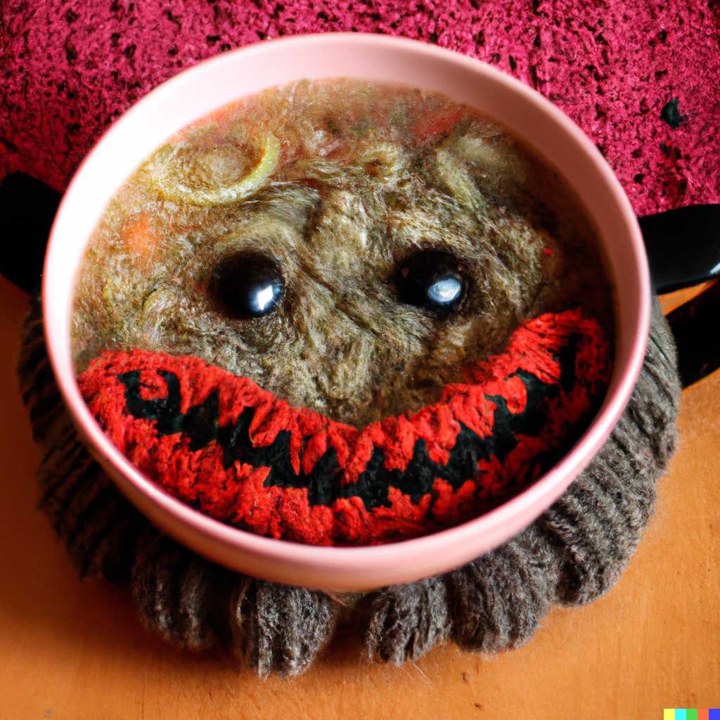 "A bowl of soup that looks like a monster woven out of wool". Image: OpenAI